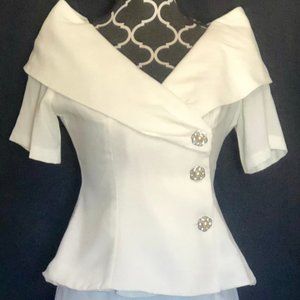 CDC Evenings Off White Cream Draped Collar Lined Short Slv Blouse & Skirt sz 4